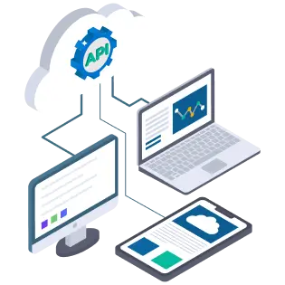 Illustration of cloud hosting connected to laptops and devices through data pipelines