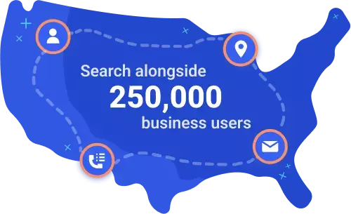 us map with contact icons and text saying search alongside 250000 business users