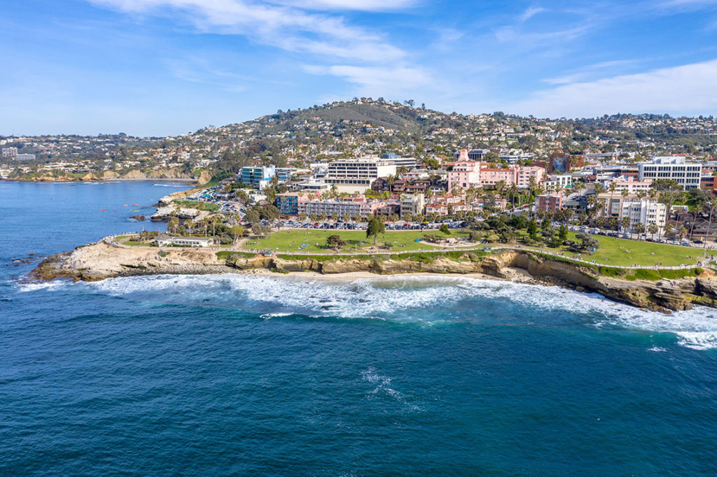 image of La Jolla shoreline. Ocean at bottom of image and hills covered in buildings at top of image.