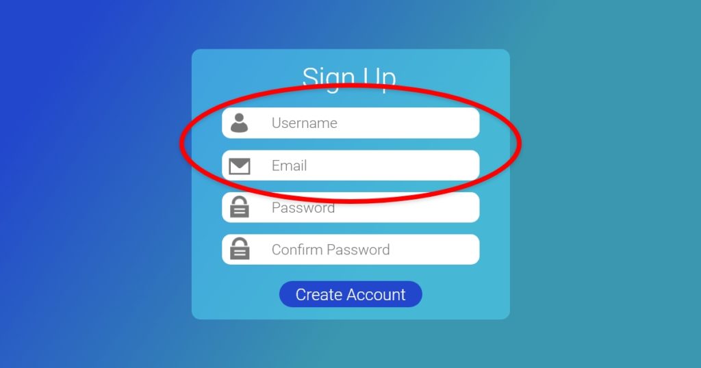 image of an illustrated "sign-up" screen. the fields "username" and "email" are circled in red.